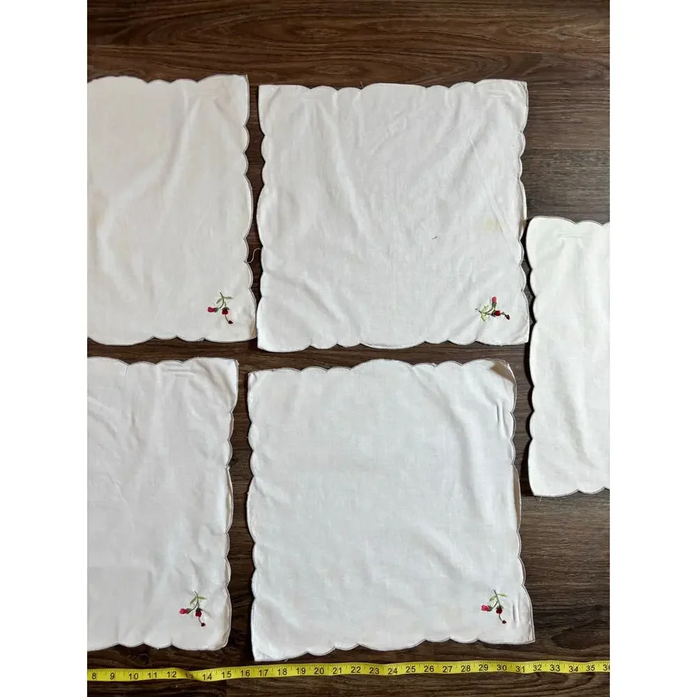 Vintage 5pc Cloth Napkins White Cotton Red Floral Rose Embroidery AS IS 15